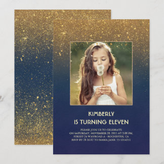 Gold Glitzer Glam Navy Vintages Foto Geburtstag Einladung