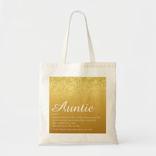Gold Glitzer Glam Script Tante Tante Definition Tragetasche (Vorne)