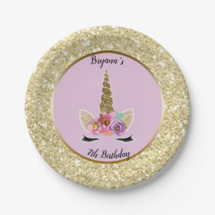 Gold Glitzer Glam Unicorn Rosa Geburtstagsparty Pappteller
