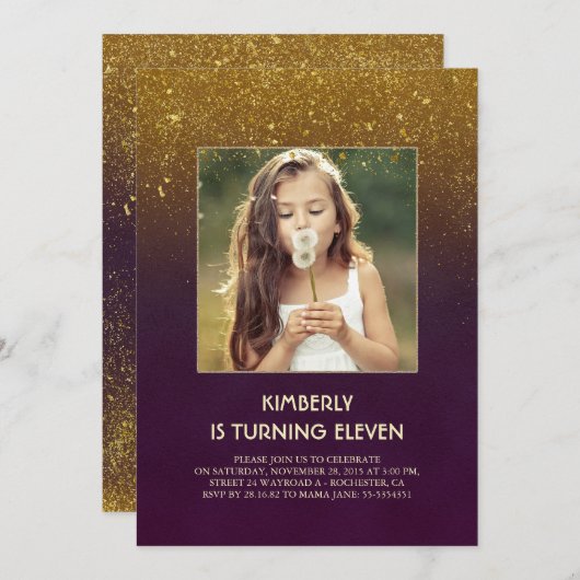 Gold Glitzer Glam Vintages Foto Geburtstag Einladung (Vorne/Hinten)