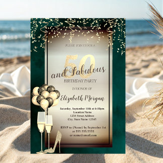 Gold Glitzer Glass, Balloons Grün 50. Geburtstag Einladung