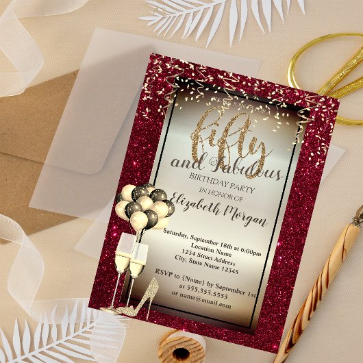 Gold Glitzer Glass, Balloons Rot 50. Geburtstag Einladung