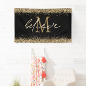 Gold Glitzer glaubt Script Monogram Erstschwarz Banner (Insitu)
