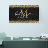 Gold Glitzer glaubt Script Monogram Erstschwarz Banner (Messeveranstaltung)