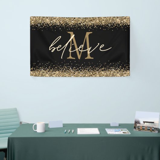Gold Glitzer glaubt Script Monogram Erstschwarz Banner (Messeveranstaltung)
