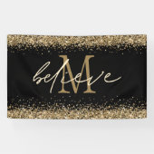 Gold Glitzer glaubt Script Monogram Erstschwarz Banner (Horizontal)