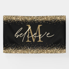 Gold Glitzer glaubt Script Monogram Erstschwarz Banner