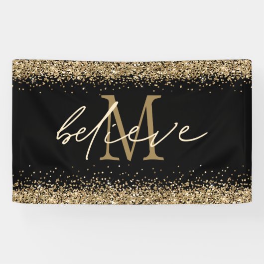 Gold Glitzer glaubt Script Monogram Erstschwarz Banner (Horizontal)