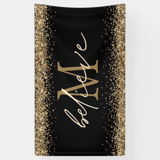 Gold Glitzer glaubt Script Monogram Erstschwarz Banner (Vertikal)