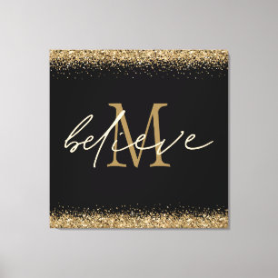 Gold Glitzer glaubt Script Monogram Erstschwarz Leinwanddruck