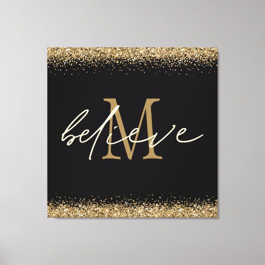 Gold Glitzer glaubt Script Monogram Erstschwarz Leinwanddruck (Vorderseite)
