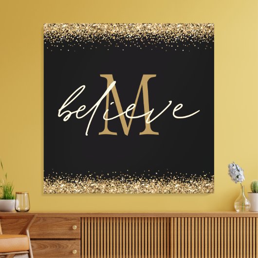 Gold Glitzer glaubt Script Monogram Erstschwarz Leinwanddruck (Insitu (Wohnzimmer))