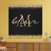 Gold Glitzer glaubt Script Monogram Erstschwarz Leinwanddruck (Insitu (Wohnzimmer))