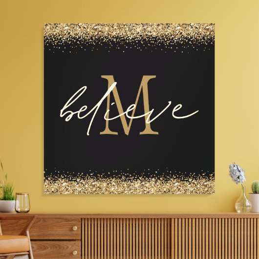 Gold Glitzer glaubt Script Monogram Erstschwarz Leinwanddruck (Insitu (Wohnzimmer))