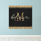 Gold Glitzer glaubt Script Monogram Erstschwarz Leinwanddruck (Insitu (Holzboden))