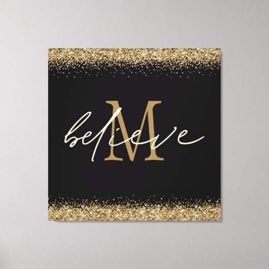 Gold Glitzer glaubt Script Monogram Erstschwarz Leinwanddruck (Vorderseite)
