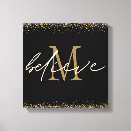 Gold Glitzer glaubt Script Monogram Erstschwarz Leinwanddruck