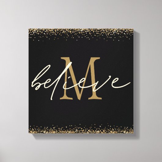 Gold Glitzer glaubt Script Monogram Erstschwarz Leinwanddruck (Vorderseite)