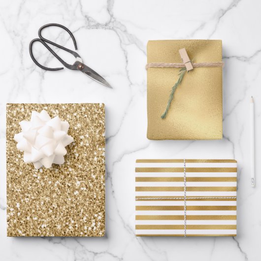 Gold Glitzer Glitz Geschenkpapier Set (Vorderseite)