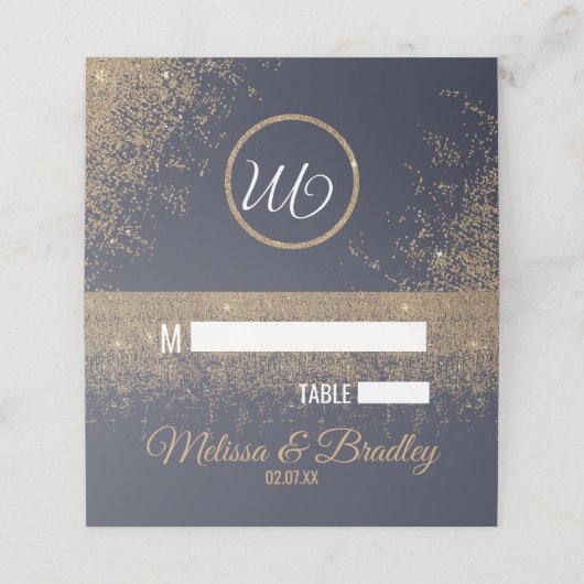 Gold Glitzer Glitzern Navy Blue Platzkarten (Außenseite Aufgefaltet)