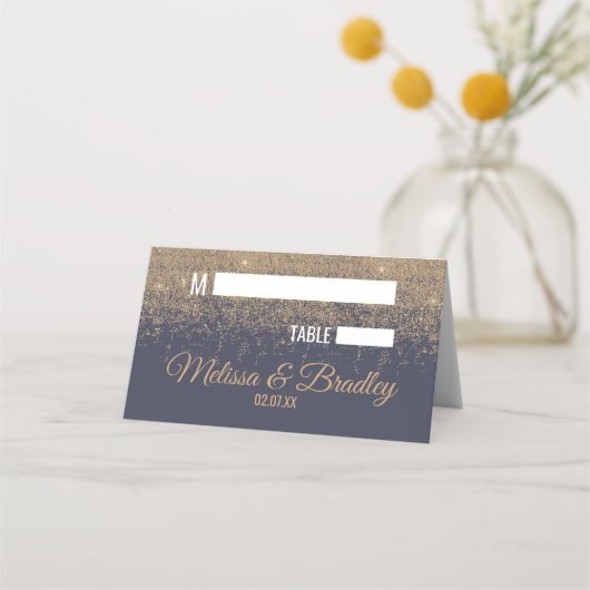 Gold Glitzer Glitzern Navy Blue Platzkarten (Vorderseite)