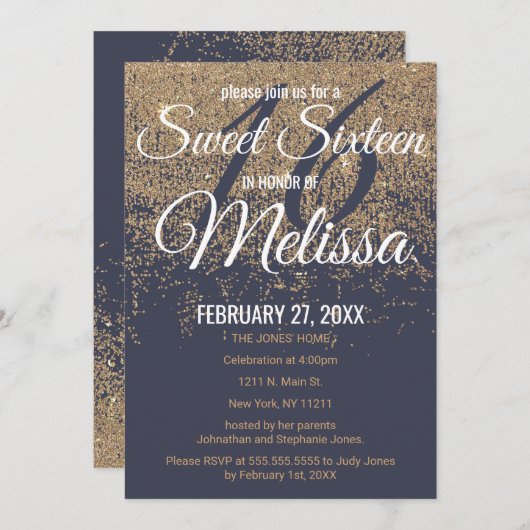 Gold Glitzer Glitzern Navy Blue Sweet 16 Einladung (Vorne/Hinten)