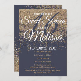 Gold Glitzer Glitzern Navy Blue Sweet 16 Einladung