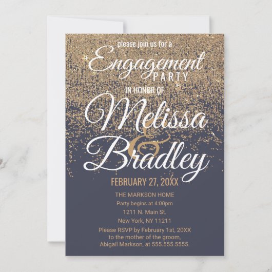 Gold Glitzer Glitzern Navy Blue Verlobung Einladung (Vorderseite)