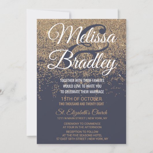 Gold Glitzer Glitzern Navy Blue Wedding Einladung (Vorderseite)