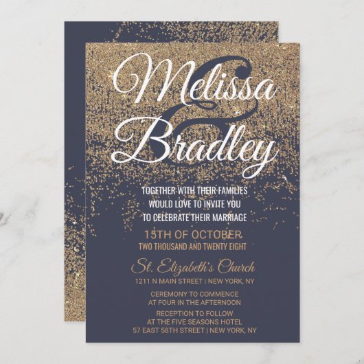 Gold Glitzer Glitzern Navy Blue Wedding Einladung (Vorne/Hinten)