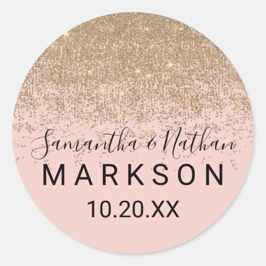 Gold Glitzer Glitzern Rosa Hochzeitsticker Runder Aufkleber (Vorderseite)