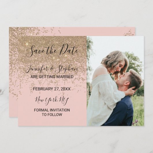 Gold Glitzer Glitzern Rosa Pink speichern Daten Einladung (Vorne/Hinten)