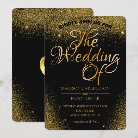 Gold Glitzer Glitzern Schwarzer Hintergrund Einladung (Vorne/Hinten)
