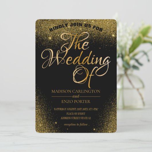 Gold Glitzer Glitzern Schwarzer Hintergrund Einladung (Stehend Vorderseite)