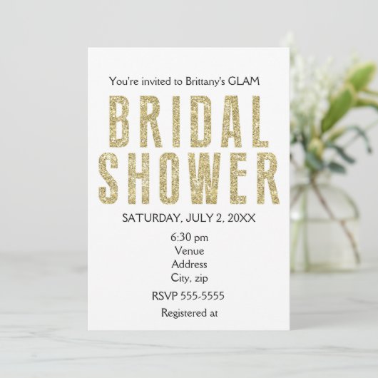 Gold Glitzer Glitzy Glam Bridal Einladung (Stehend Vorderseite)