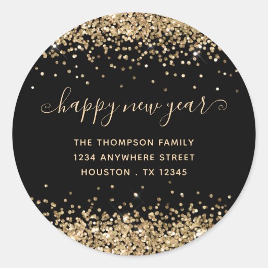 Gold Glitzer glücklich Neujahrsnamensadresse schwa Runder Aufkleber (Vorderseite)