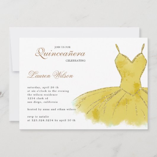Gold Glitzer Gown Quinceanera Einladung (Vorderseite)