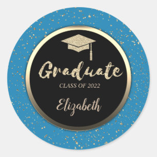 Gold Glitzer Grad Cap, Confetti Blue Runder Aufkleber