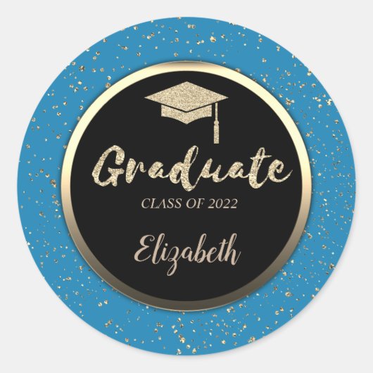Gold Glitzer Grad Cap, Confetti Blue Runder Aufkleber (Vorderseite)