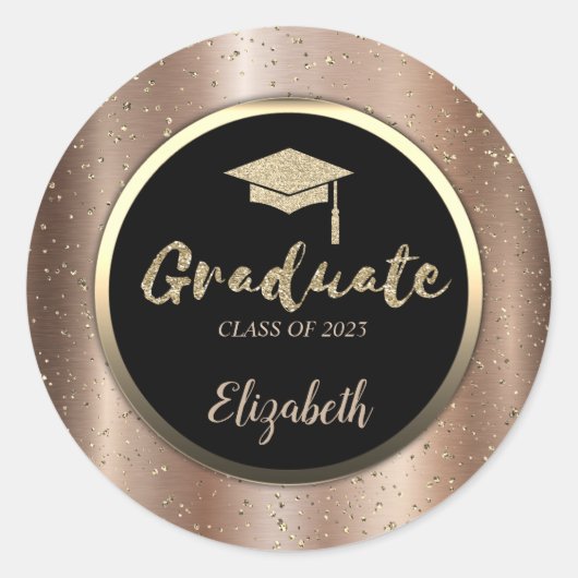 Gold Glitzer Grad Cap, Confetti Brown Metallic Runder Aufkleber (Vorderseite)