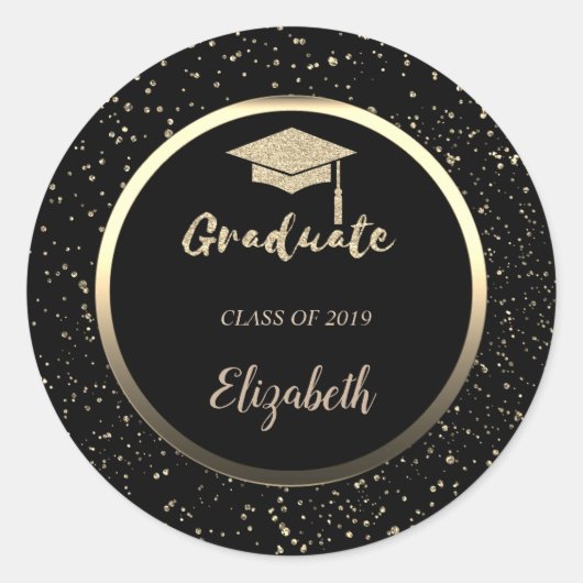 Gold Glitzer Grad Cap, Confetti - Personalisiert Runder Aufkleber (Vorderseite)