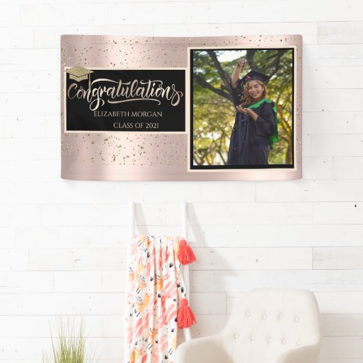 Gold Glitzer Grad Cap, Foto Rose Gold Abschluss Banner (Insitu)