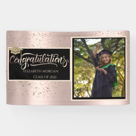 Gold Glitzer Grad Cap, Foto Rose Gold Abschluss Banner (Horizontal)