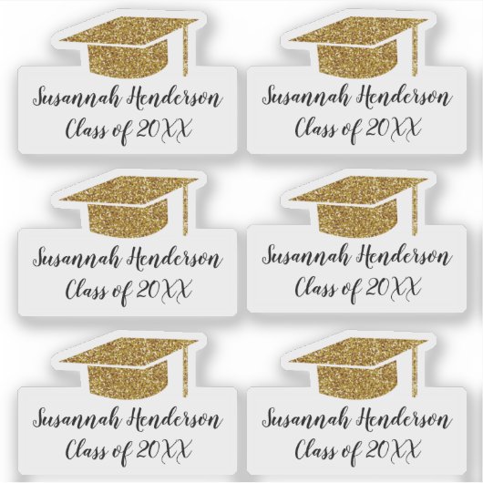 Gold Glitzer Grad Cap Name Jahr Custom Abschluss Aufkleber (Vorderseite)