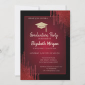 Gold Glitzer Grad Cap, Rote Tropfen Schwarzer Absc Einladung (Vorderseite)