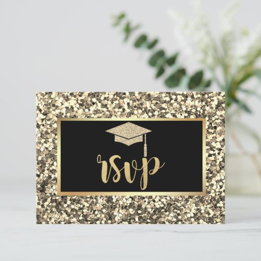 Gold Glitzer Grad Cap, Sequins Graduation Party RSVP Karte (Stehend Vorderseite)