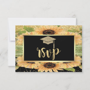 Gold Glitzer Grad Cap, Sunflowers Graduation Party RSVP Karte