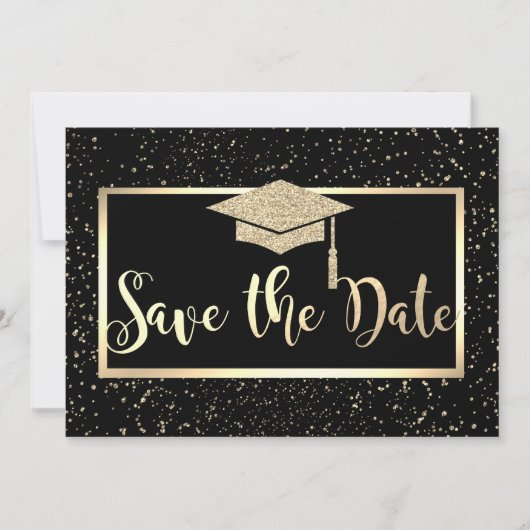 Gold Glitzer Graduation Cap, Confetti Save the Dat Date (Vorderseite)