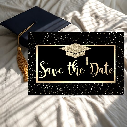 Gold Glitzer Graduation Cap, Confetti Save the Dat Date