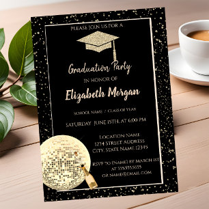 Gold Glitzer Graduation Cap, Disco Ball Confetti Einladung
